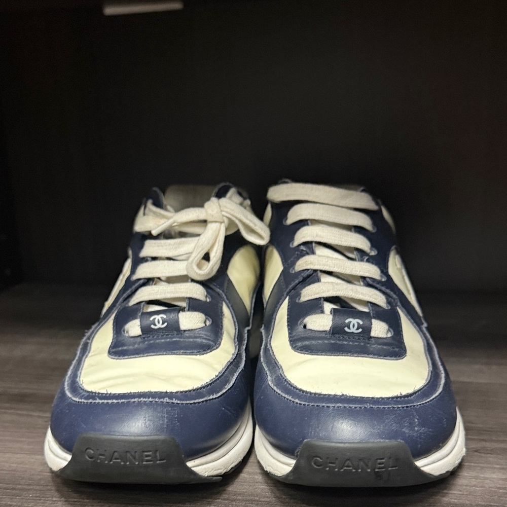 CHANEL Blue Cream Sneakers Size 8 Low Top Logo Trainers